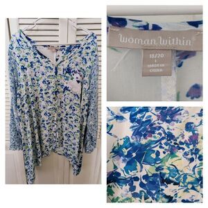 Woman Within Top Womens sz 18/20 Tunic-length Blouse Shark-bite Hem Blue Florals